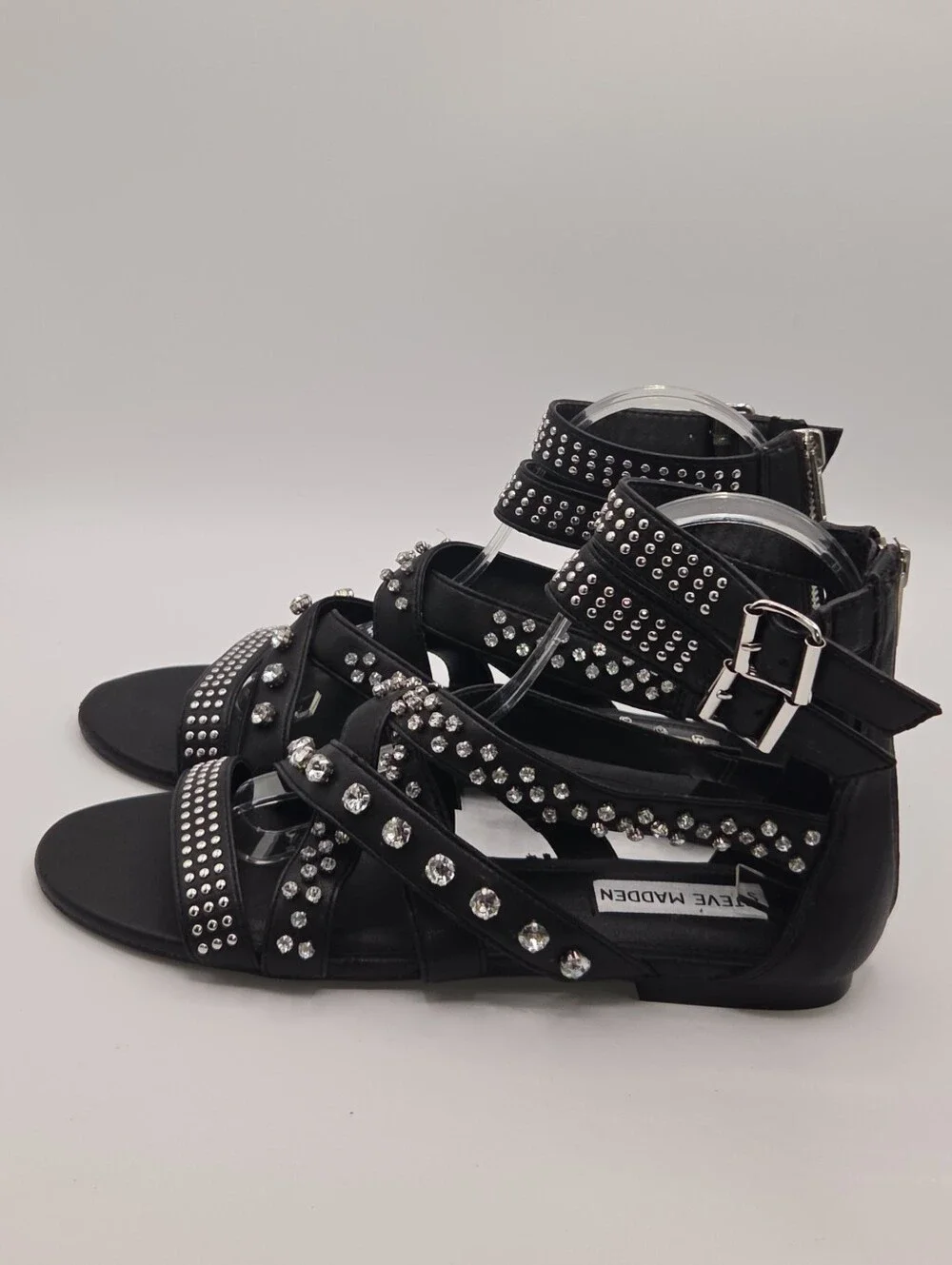 Steve Madden Black Studded Gladiator Sandals Crystal Details Womens Size 7.5M